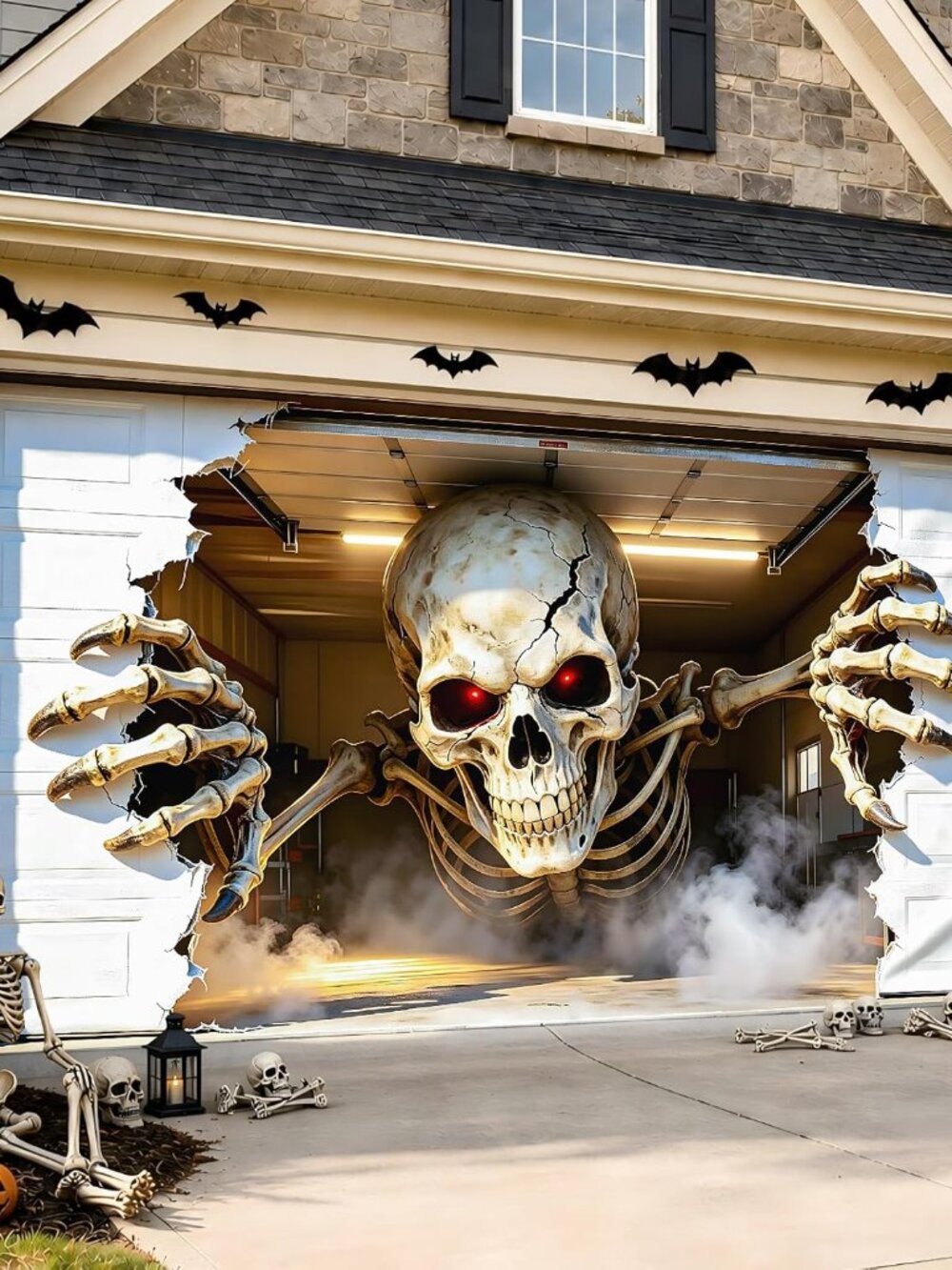 Halloween Garage Door Cover 16x7 FT, Realistic Garage Scene Design